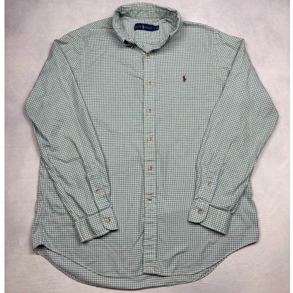 Ralph Lauren Mens Large Green Plaid Button Down Shirt Long Sleeve Pony Logo L